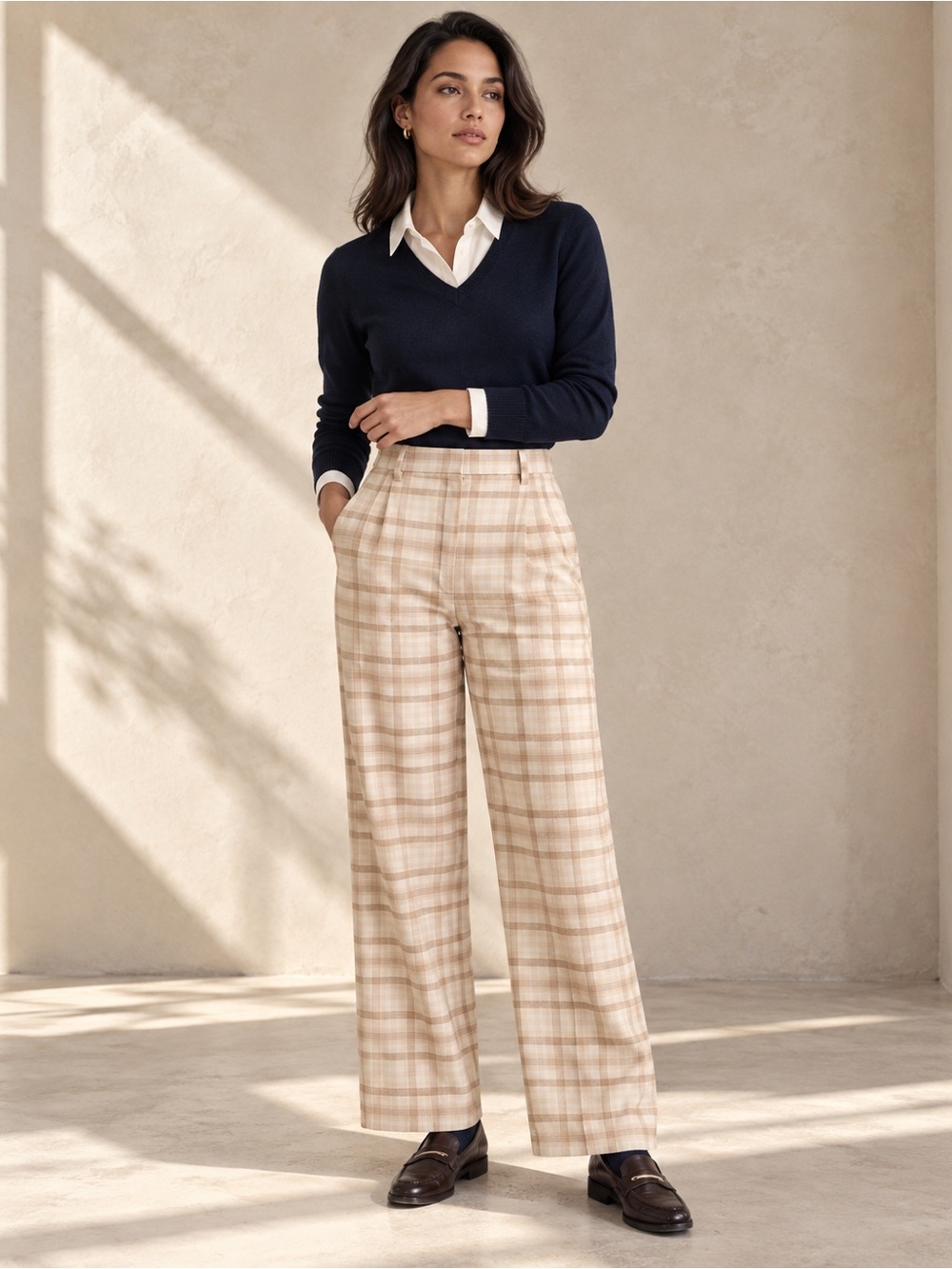 Aritzia Wilfred Effortless Plaid Wide Leg Trouser Darted High Waist Check Sz 0